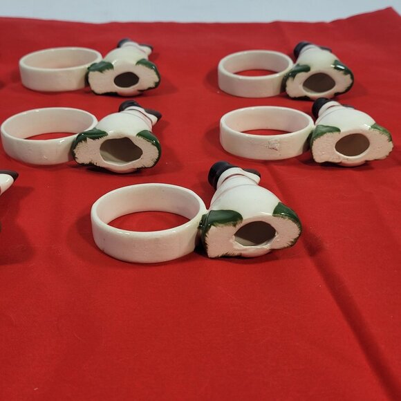 Vintage Snowman Ceramic Napkin Rings Set of 8 White Green Red Handpainted - Picture 4 of 8